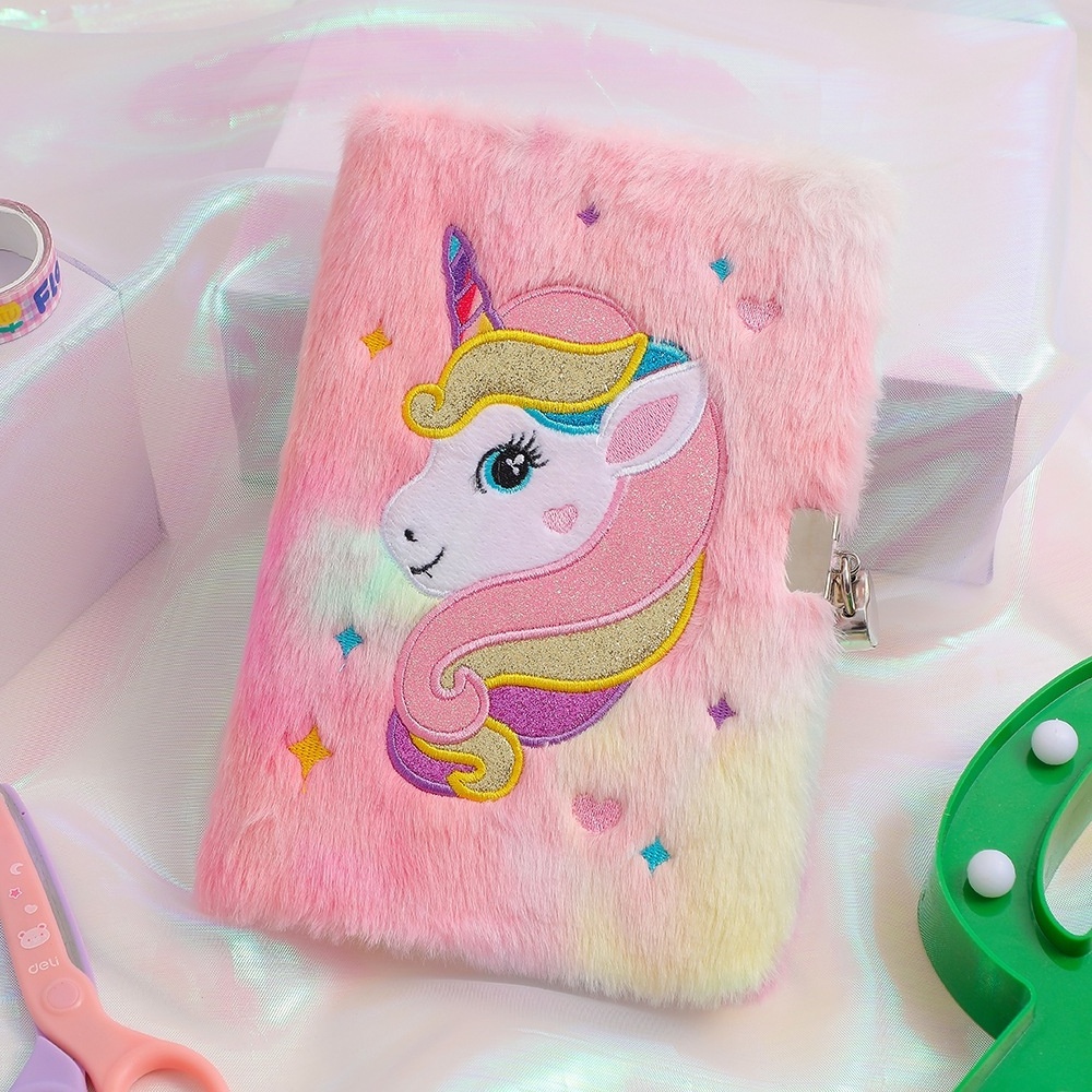 2023 New school A5 diary cartoon kawaii plush fluffy unicorn notebook with lock