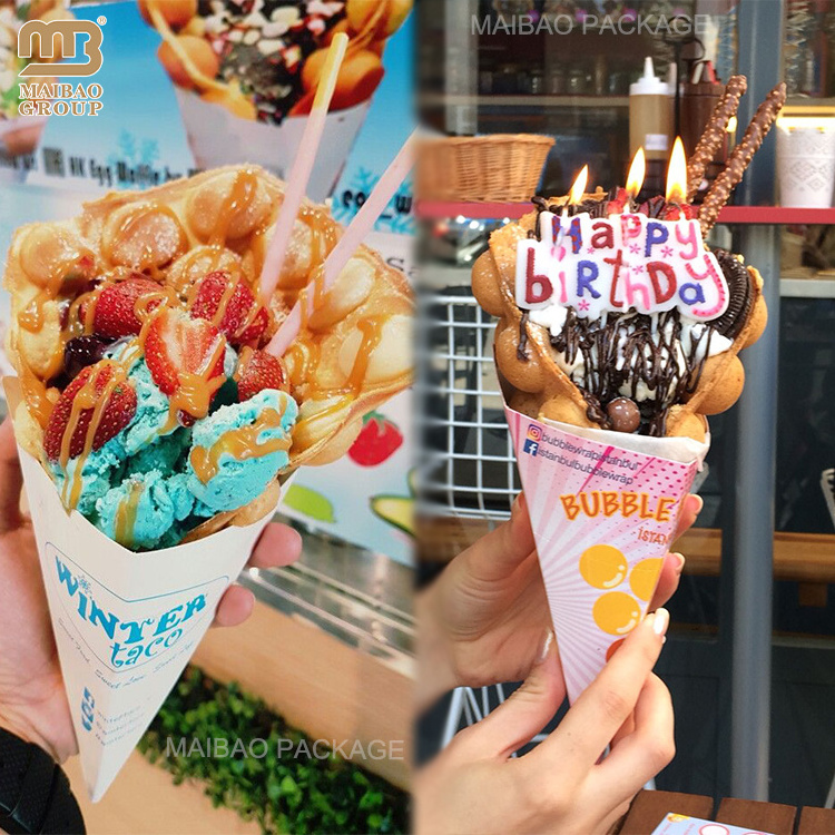 Custom crepes paper cone packaging disposable take away churros box french fries packaging ice cream bubble waffle paper holder