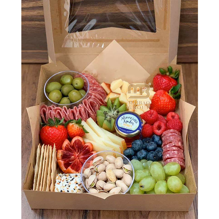 Custom printed eco friendly food brunch grazing charcuterie boxes with clear lids disposable take out food box paper container