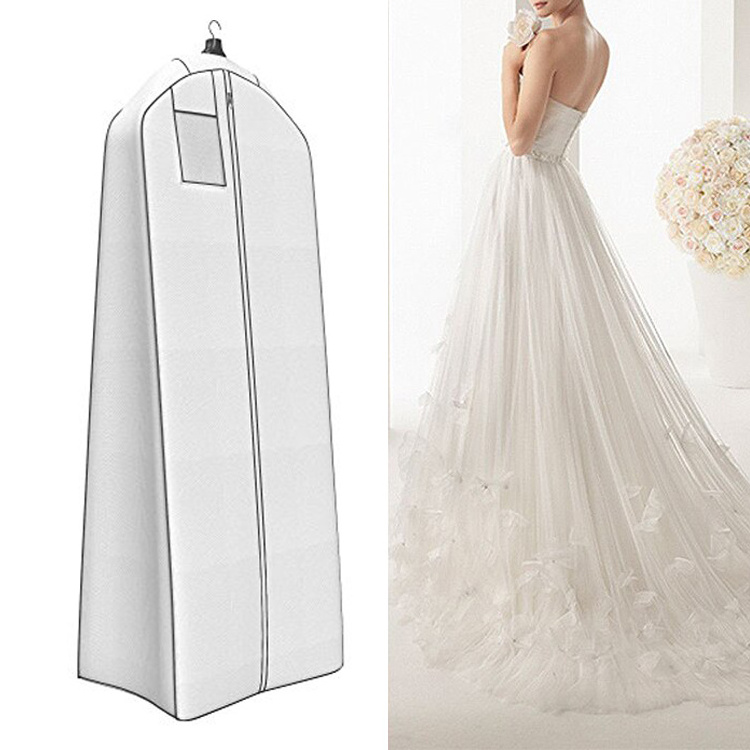 Custom logo printed high quality white 600 denier breathable non woven bridal long gown clothes wedding dress cover garment bag