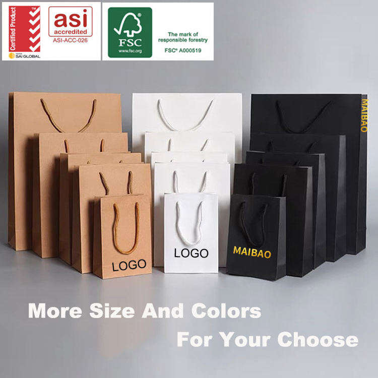 Wholesale Recycled Craft Nylon Handle Gift Black Brown White bolsa de papel, Custom Kraft Paper Shopping Bag With Your Own Logo