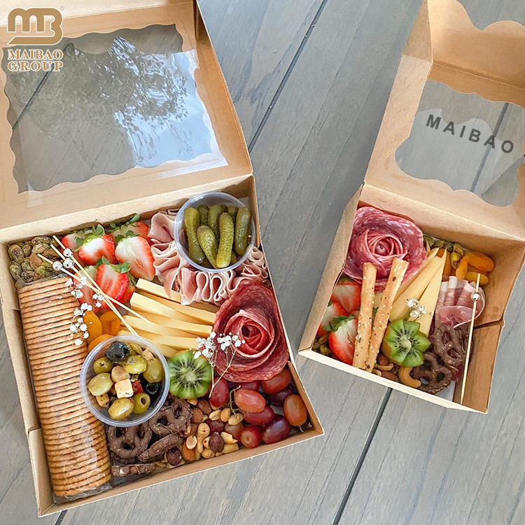 Custom printed eco friendly food brunch grazing charcuterie boxes with clear lids disposable take out food box paper container