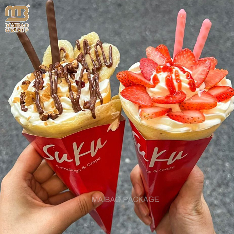 Custom crepes paper cone packaging disposable take away churros box french fries packaging ice cream bubble waffle paper holder