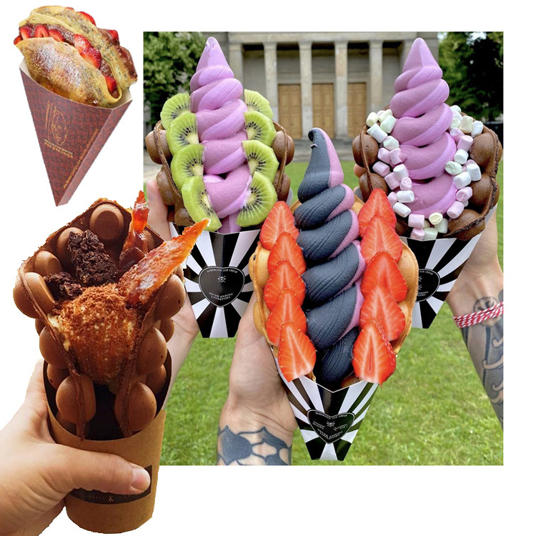 Disposable Paper Churros Holder Cone Bubble Egg Waffle Packing Box Crepe French Fries V Shape Bottom Cones Ice Cream Holder