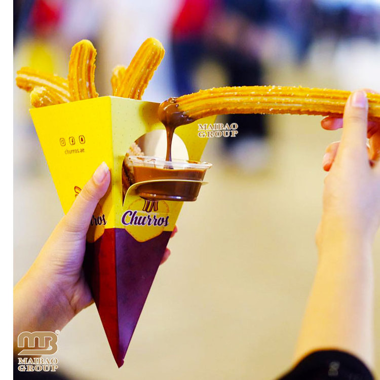 Paper Potato Fries Holder Chain Restaurant Churros Box For Fast Food Shop, French fries Cones With Sauce