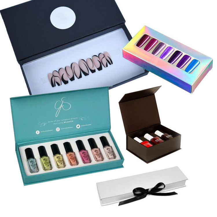 Luxury Cosmetic Private Label False Nail Package Polish Boxes Square Orange Pink Blue Custom Press On Nails Box Packaging