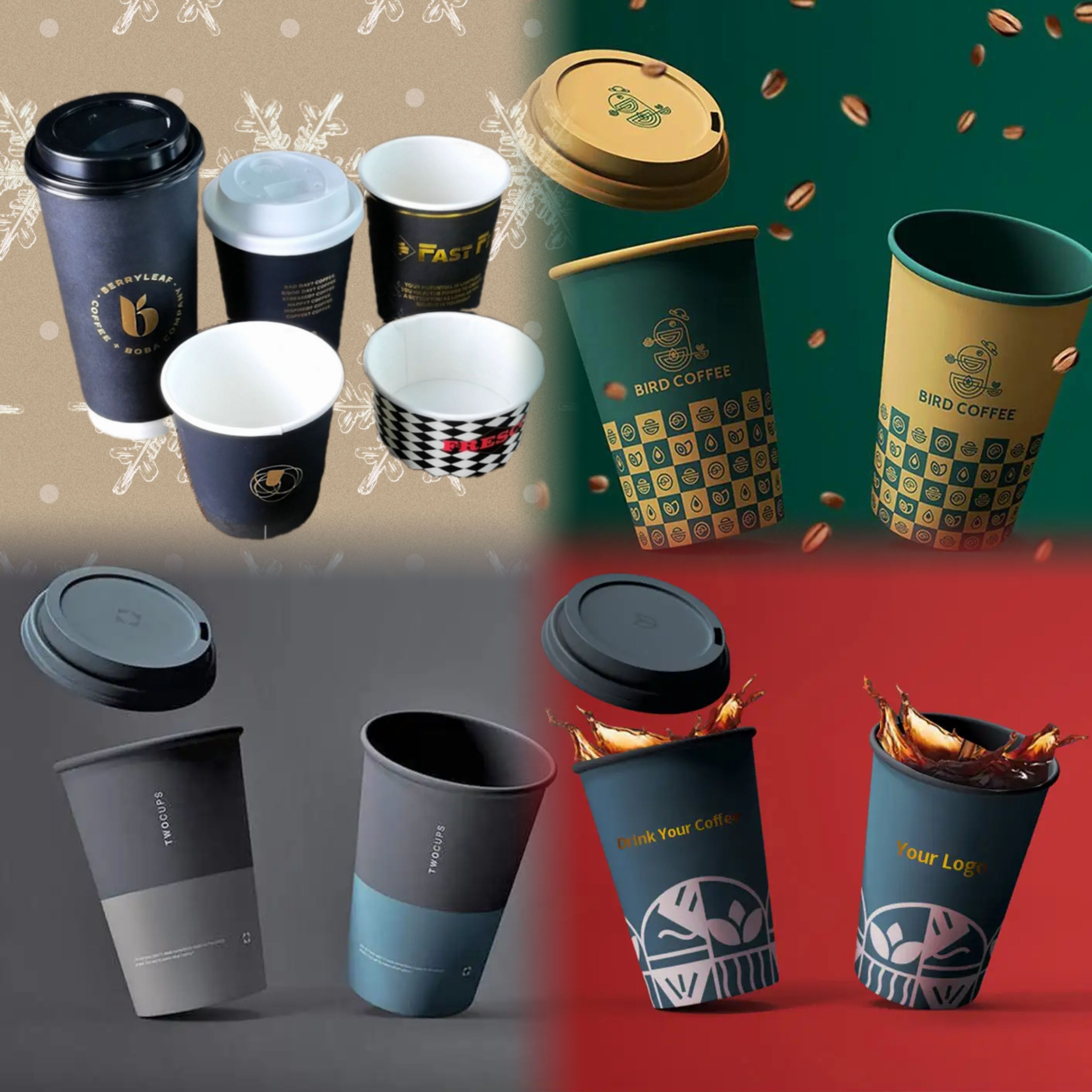 Gold Foil Stamping Black Pink Coffee Cup Disposable Cup Takeaway Double Wall Coffee Paper Cups With Lid