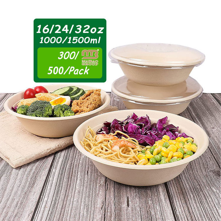 Custom 500ml 750ml 32oz Eco Biodegradable Compostable Disposable Soak Proof Noodle Meal Sugarcane Bagasse Salad Bowls With Lid