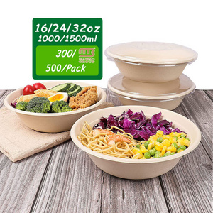 Custom 500ml 750ml 32oz Eco Biodegradable Compostable Disposable Soak Proof Noodle Meal Sugarcane Bagasse Salad Bowls With Lid