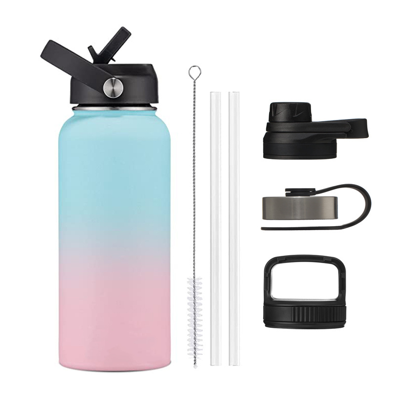 32oz Handle Carabiner Thermos Double Wall Wide Mouth Insulated Stainless Steel Water Bottles with Straw Lid