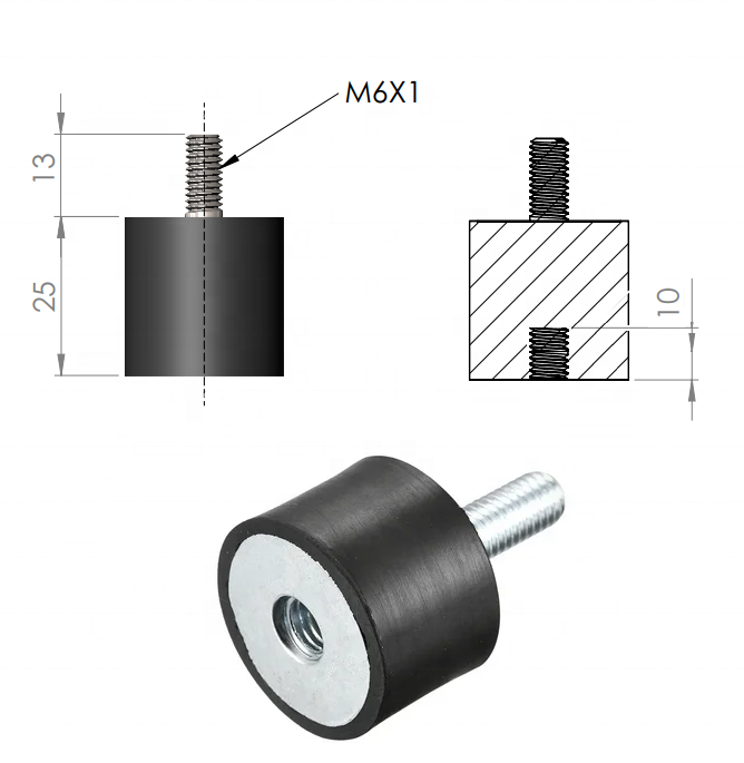 M6 Rubber Mounts Shock Absorber Anti Vibration Isolators 25 x 25mm Rubber Studs Rubber Cylindrical Vibration Isolation Mount