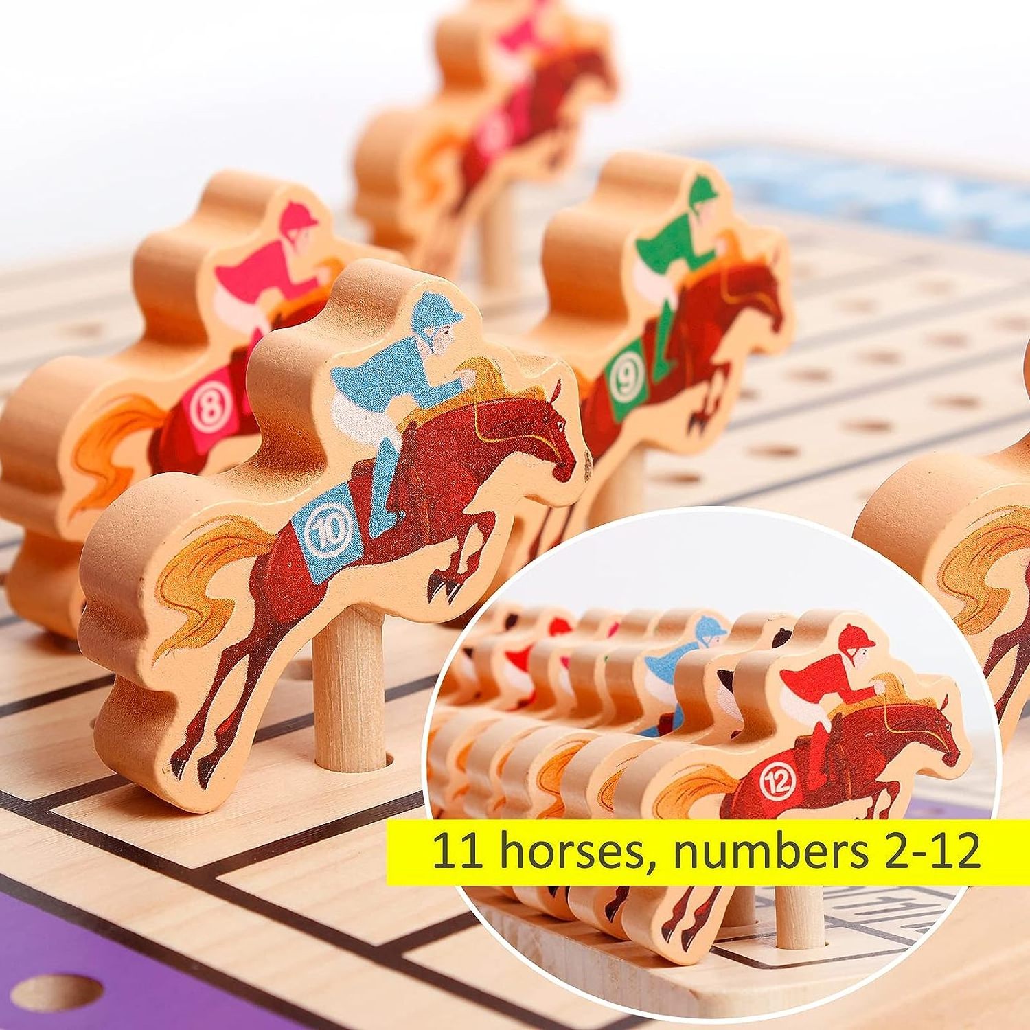 Horse Racing Board Game Wooden Challenge Toy Poker with 11 Durable Horses Dice & Cards for Kids Family Game Brain Teaser Gamble