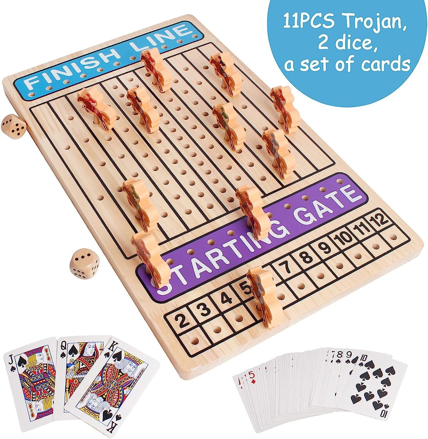 Horse Racing Board Game Wooden Challenge Toy Poker with 11 Durable Horses Dice & Cards for Kids Family Game Brain Teaser Gamble