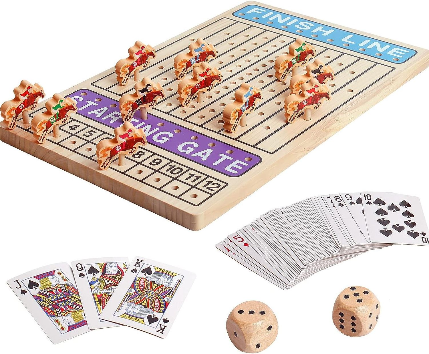 Horse Racing Board Game Wooden Challenge Toy Poker with 11 Durable Horses Dice & Cards for Kids Family Game Brain Teaser Gamble