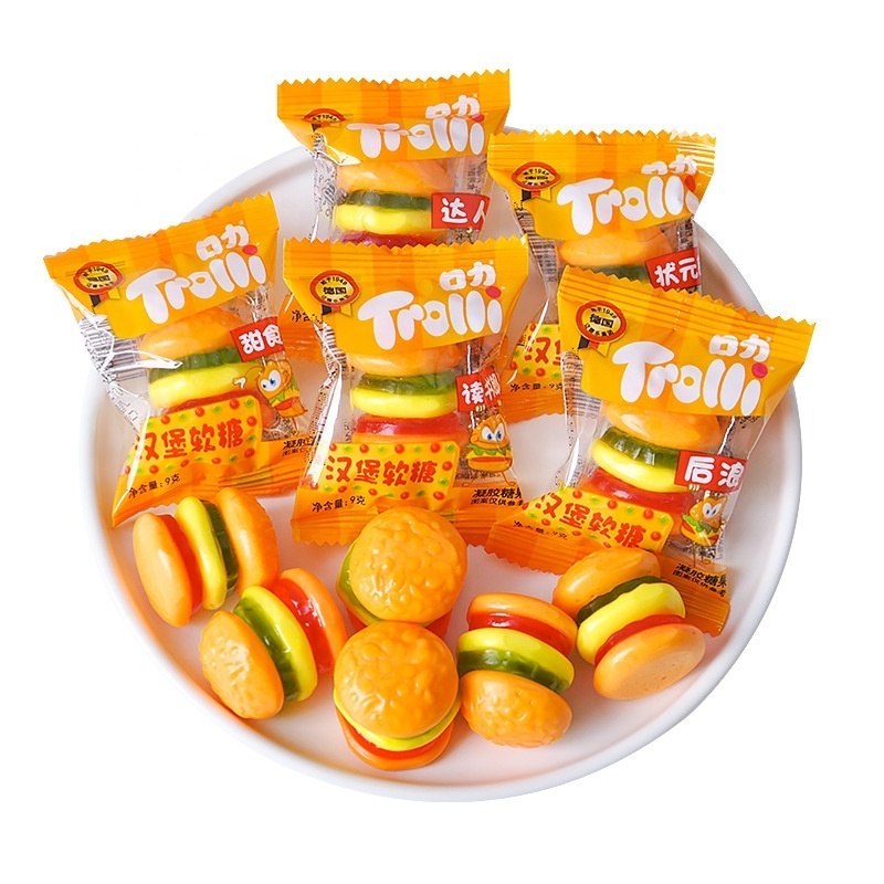 Wholesale 108g Sweet Hamburger Shaped Fruity Flavor Gummy Candy Soft Exotic Snacks for Kids in Box Packaging