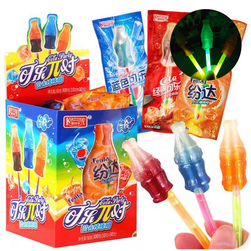 Chinese 10g Creative Florescent Cola Lollipop Candy Glow Stick Lollipop Exotic Snacks in Box for Kids