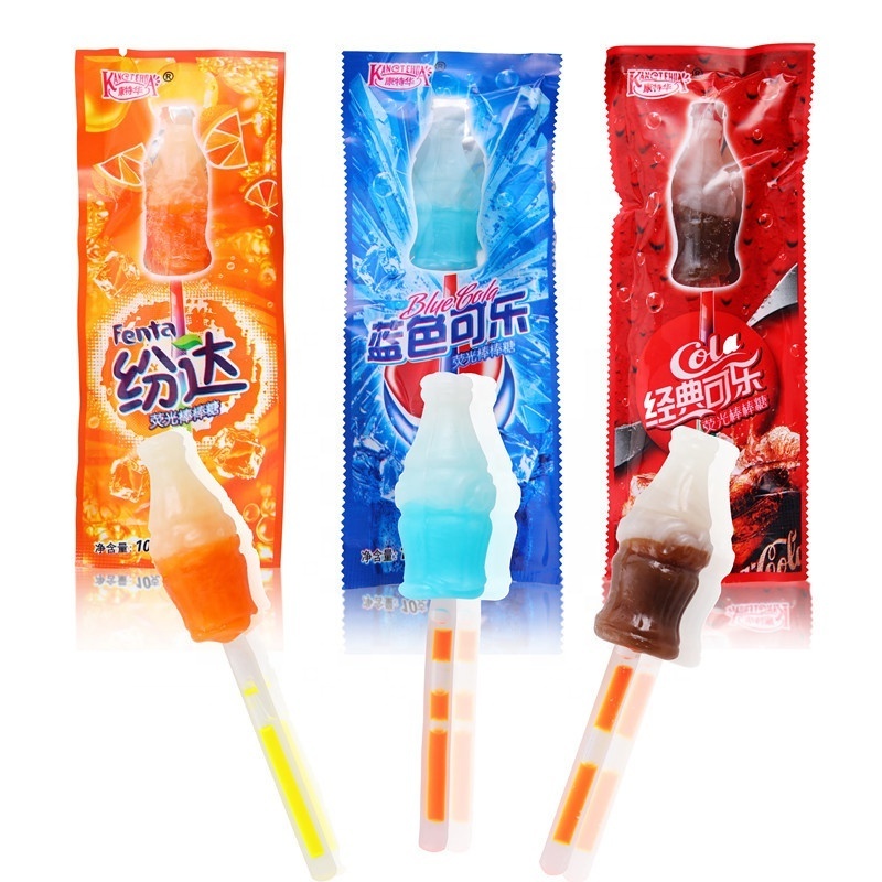 Chinese 10g Creative Florescent Cola Lollipop Candy Glow Stick Lollipop Exotic Snacks in Box for Kids