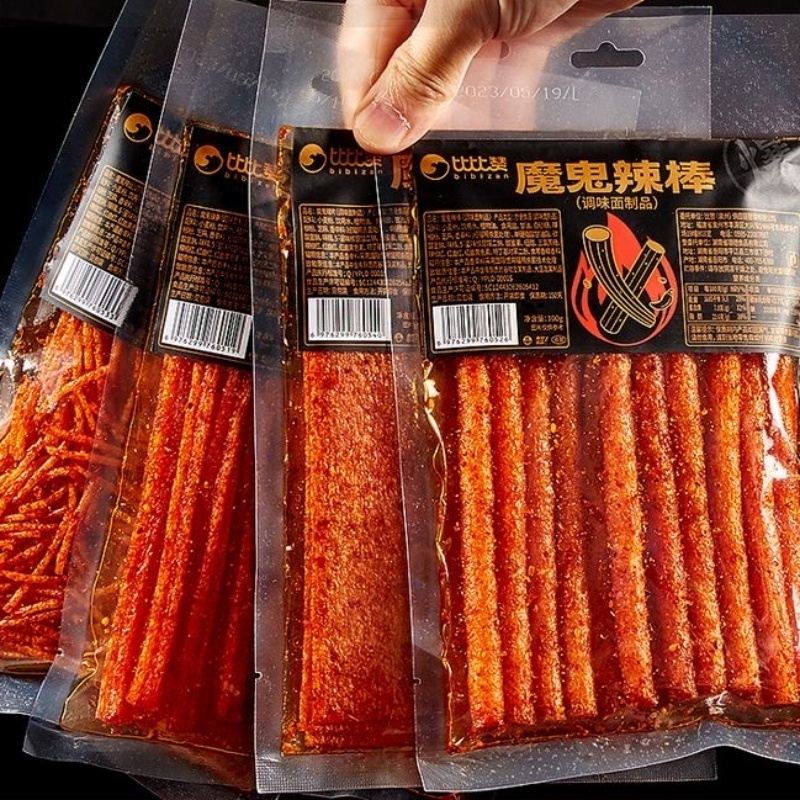 Popular 100g Chinese Bibizan Hot Spicy Latiao Gluten Grain Snacks Exotic Asian Spicy Strip Snacks