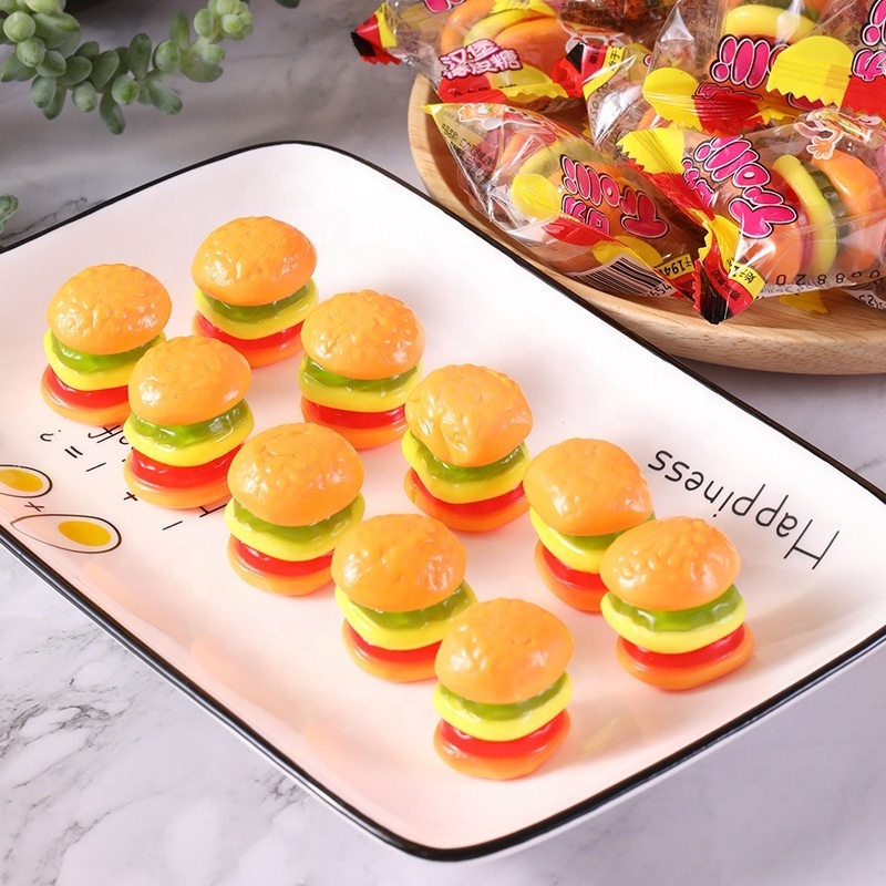 Wholesale 108g Sweet Hamburger Shaped Fruity Flavor Gummy Candy Soft Exotic Snacks for Kids in Box Packaging