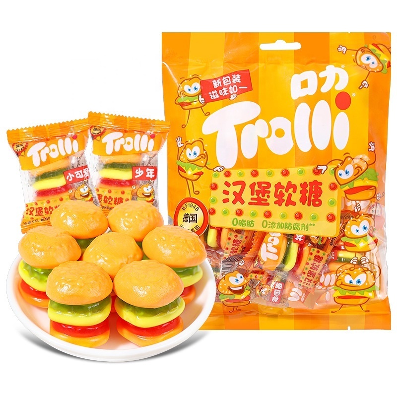 Wholesale 108g Sweet Hamburger Shaped Fruity Flavor Gummy Candy Soft Exotic Snacks for Kids in Box Packaging