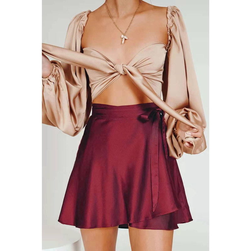 2023 custom high quality new fashion high-waist chiffon satin lace-up skirts one piece tie skirt A_line mini skirt women elegant