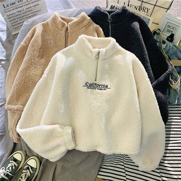 Custom Logo Turtleneck Sherpa Fleece Thick Crop Top Sweater Women's Korean Style Student Autumn Winter Half Zipper Warm Hoodie