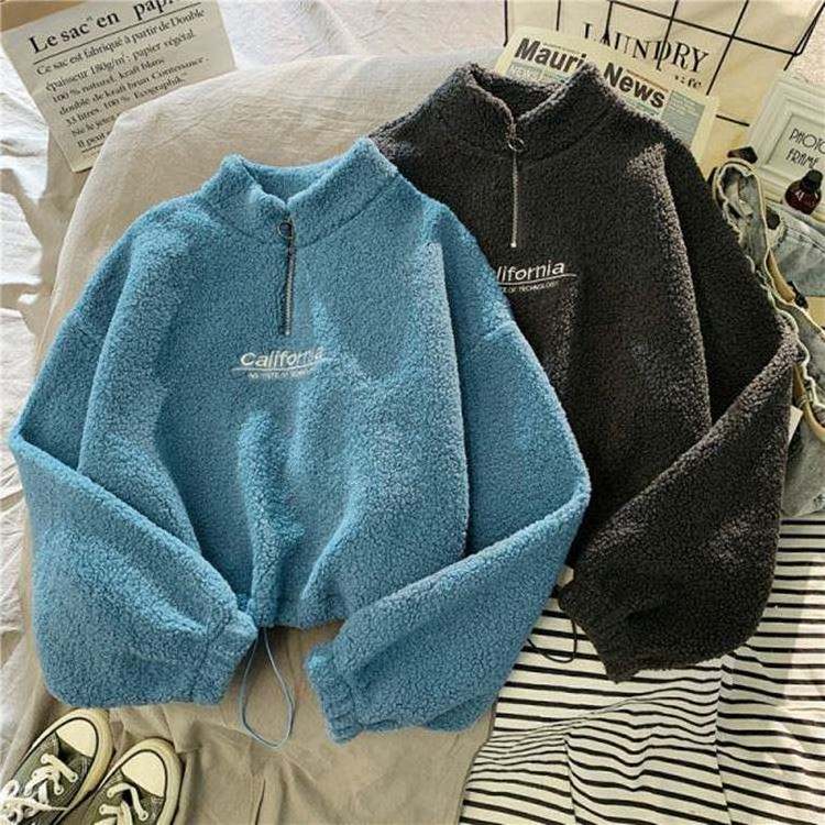 Custom Logo Turtleneck Sherpa Fleece Thick Crop Top Sweater Women's Korean Style Student Autumn Winter Half Zipper Warm Hoodie