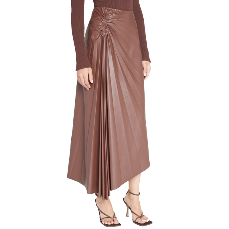 Custom High Waist Belt Asymmetric PU Leather Skirts A-Line Maxi Long Skirt Pleated Women's Leather Skirt With Pockets