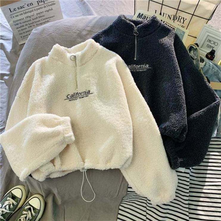 Custom Logo Turtleneck Sherpa Fleece Thick Crop Top Sweater Women's Korean Style Student Autumn Winter Half Zipper Warm Hoodie