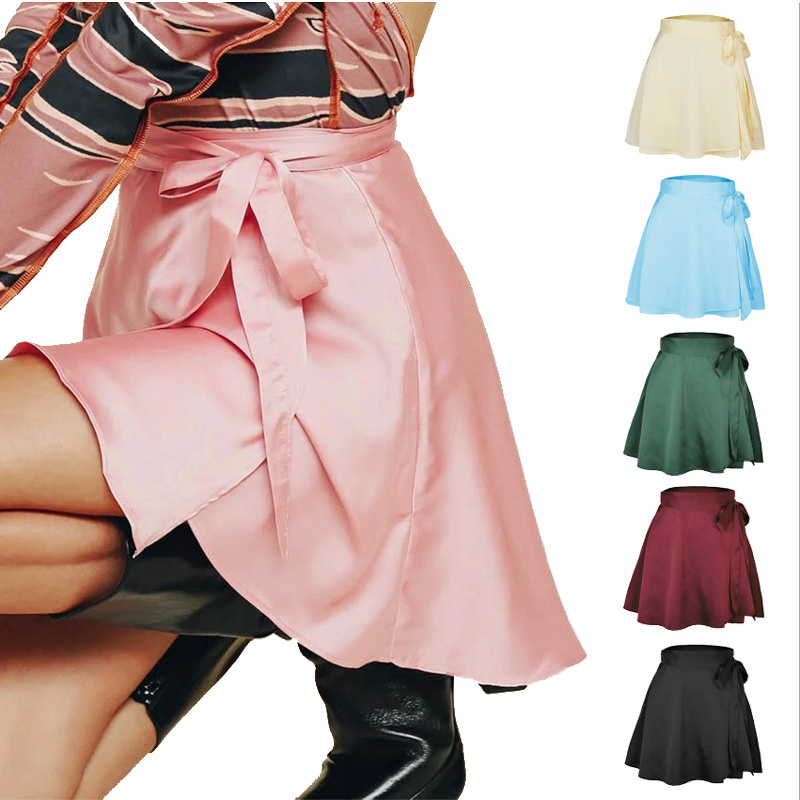 2023 custom high quality new fashion high-waist chiffon satin lace-up skirts one piece tie skirt A_line mini skirt women elegant