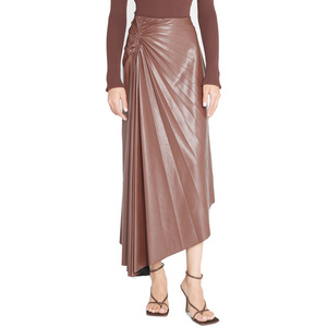 Custom High Waist Belt Asymmetric PU Leather Skirts A-Line Maxi Long Skirt Pleated Women's Leather Skirt With Pockets