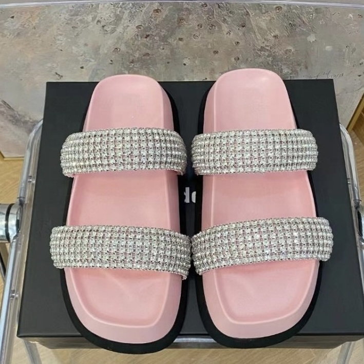 2024 Latest Top Luxury Rubber Stylish Platform Shoes Flat Female Slides Slipper Full Diamond Summer Sandals For Women And Ladies