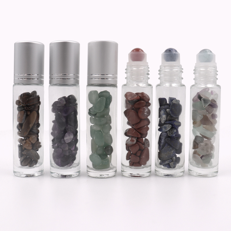 Luxury 10ml Round Shaped Empty Transparent Deodorant Roll On Glass Gemstone Roller Ball Bamboo Bottles With Silver Lids