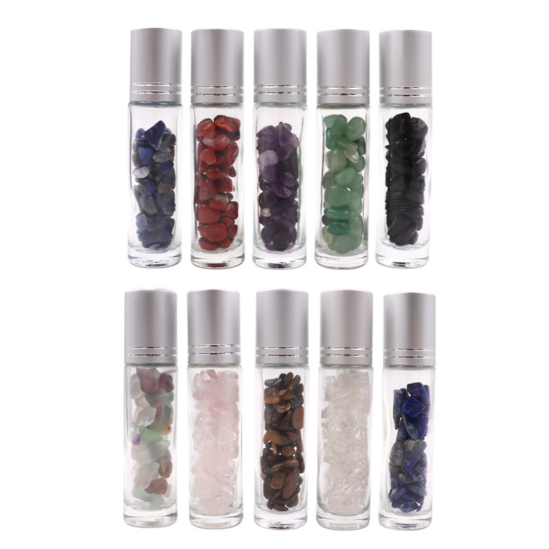 Luxury 10ml Round Shaped Empty Transparent Deodorant Roll On Glass Gemstone Roller Ball Bamboo Bottles With Silver Lids