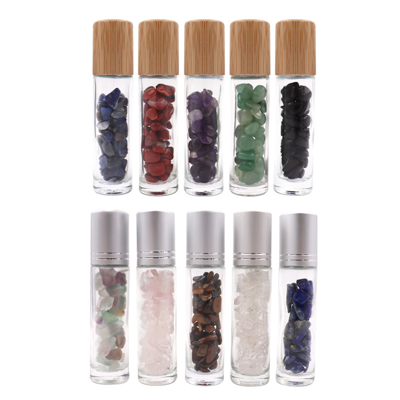 Luxury 10ml Round Shaped Empty Transparent Deodorant Roll On Glass Gemstone Roller Ball Bamboo Bottles With Silver Lids