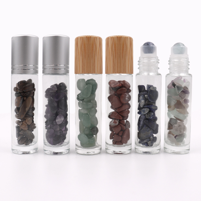 Luxury 10ml Round Shaped Empty Transparent Deodorant Roll On Glass Gemstone Roller Ball Bamboo Bottles With Silver Lids