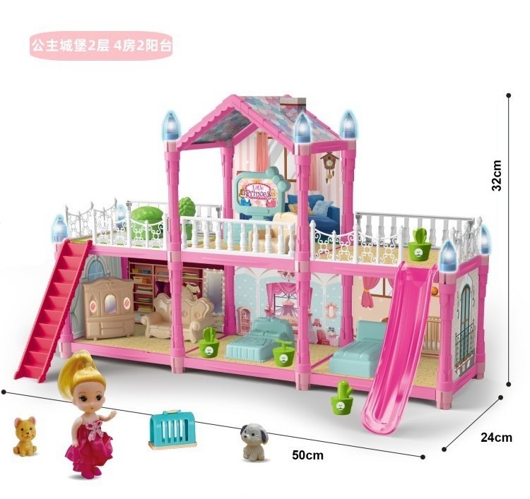 2024 pink Dollhouse 2 rooms 2 floor  with Doll Toy Figures, Furniture and Accessories HOT TK