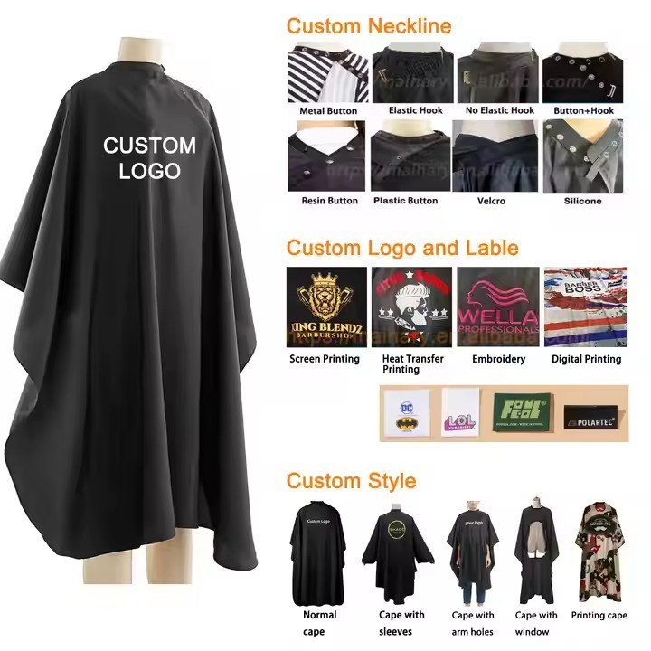 Waterproof Salon Hair Cutting Gown Custom LOGO Polyester Hairdressing Designer Barber Cape with Metal Snap