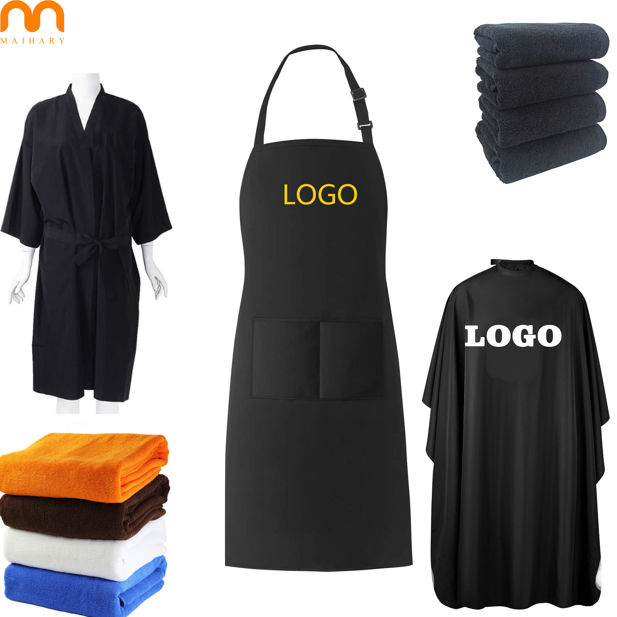 cheaper custom logo kitchen barber spa nail shop hairdressing polyester waterproof beauty salon black apron with pocket