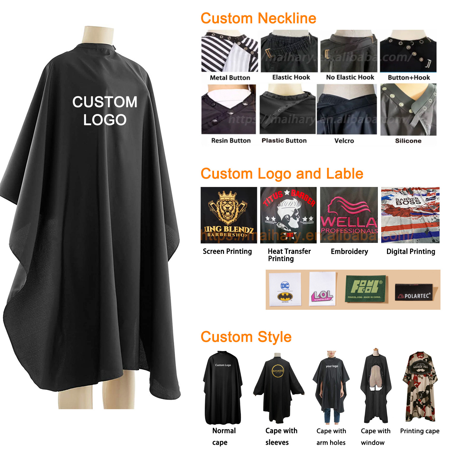 polyester custom logo hair salon makeup haircut gown with snap black barber apron hairdresser capes