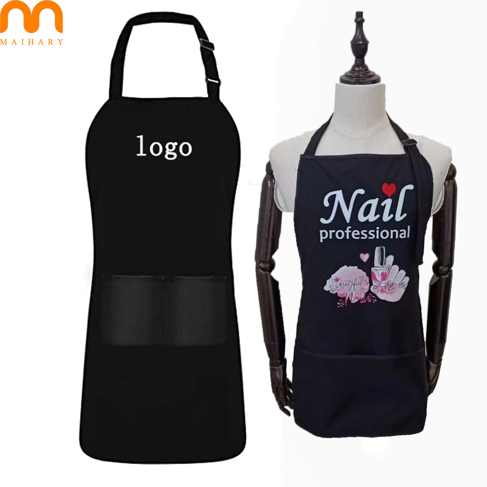 cheaper custom logo kitchen barber spa nail shop hairdressing polyester waterproof beauty salon black apron with pocket