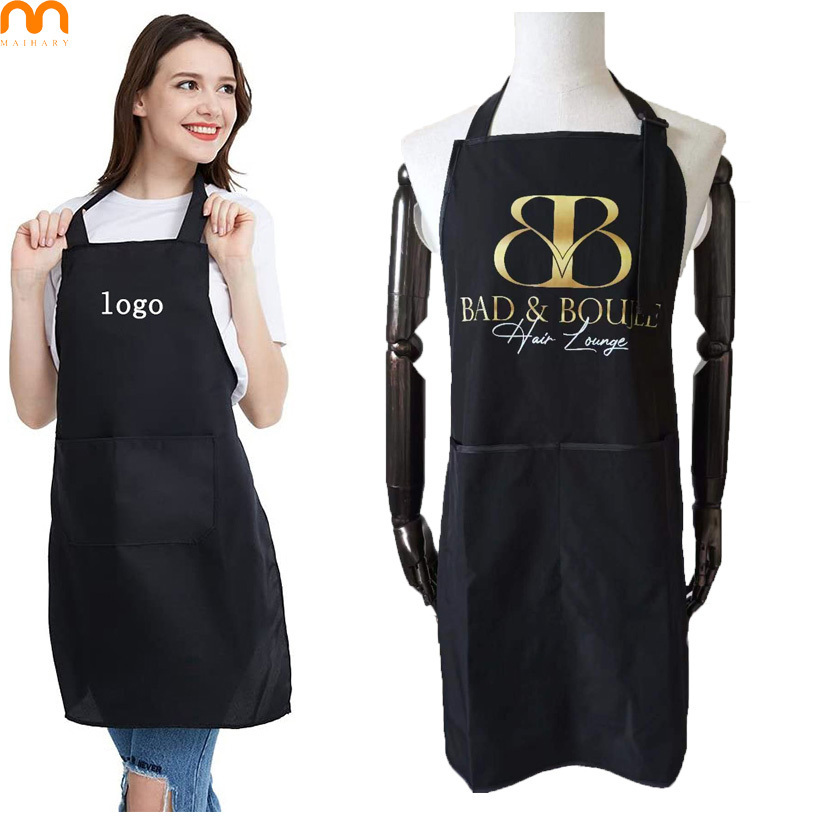 cheaper custom logo kitchen barber spa nail shop hairdressing polyester waterproof beauty salon black apron with pocket