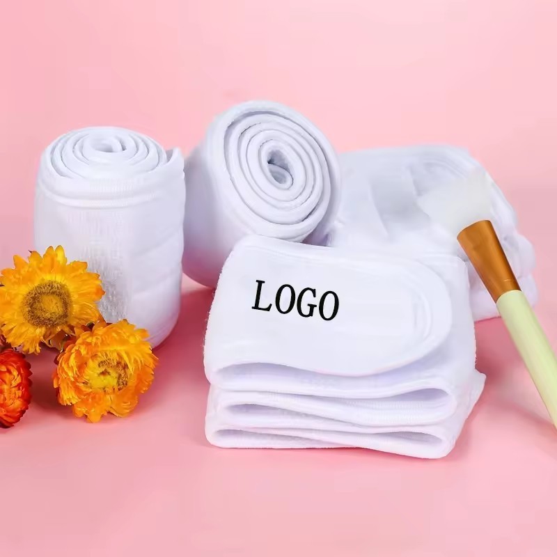 Custom Logo Terry Cloth Adjustable Towel Coral Velvet Makeup Spa Headband with Magic Tape