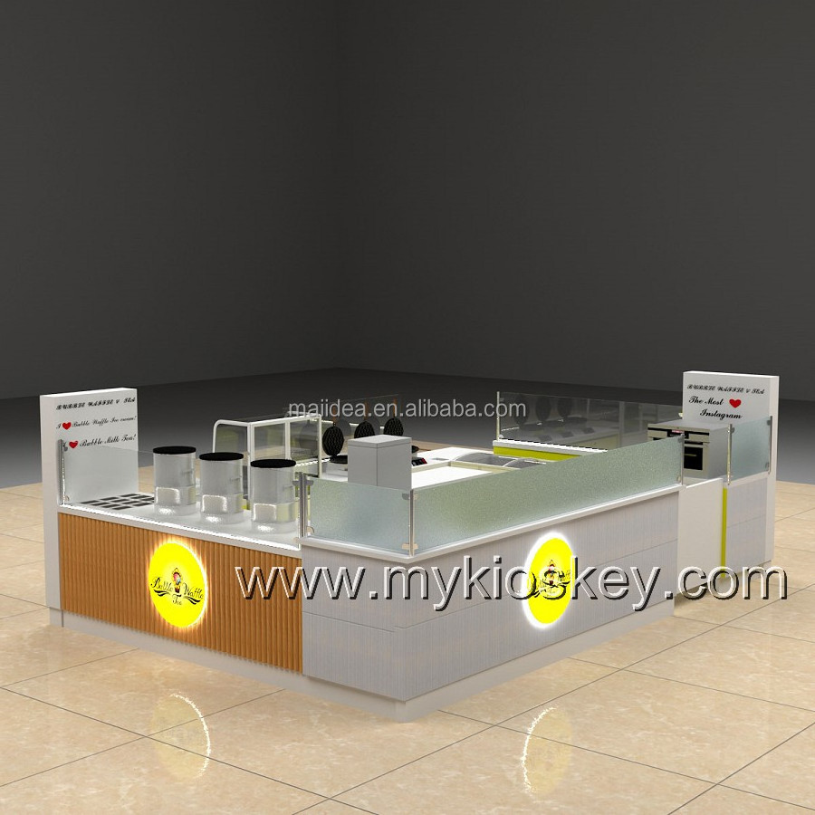 Unique bubble tea counter crepe waffle kiosk fast food booth design for sale