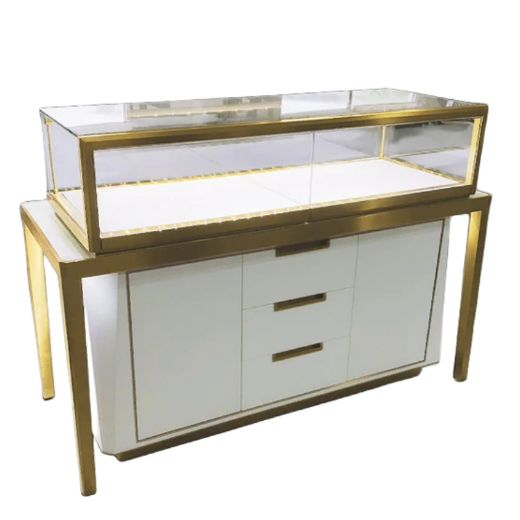 Gold stainless steel Jewelry Display Counter with Storage in jewelry shop showcase for sale