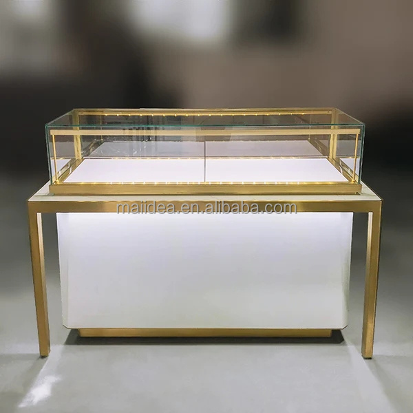 Gold stainless steel Jewelry Display Counter with Storage in jewelry shop showcase for sale