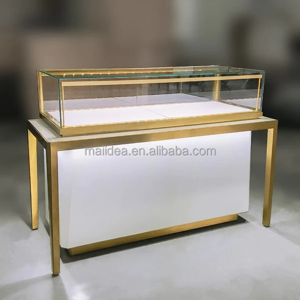 Gold stainless steel Jewelry Display Counter with Storage in jewelry shop showcase for sale