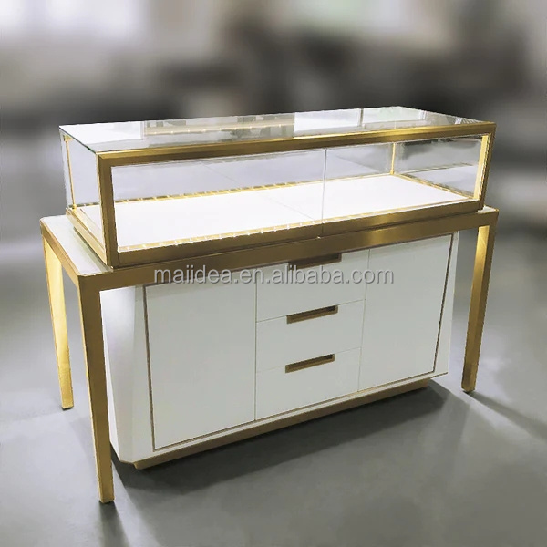 Gold stainless steel Jewelry Display Counter with Storage in jewelry shop showcase for sale