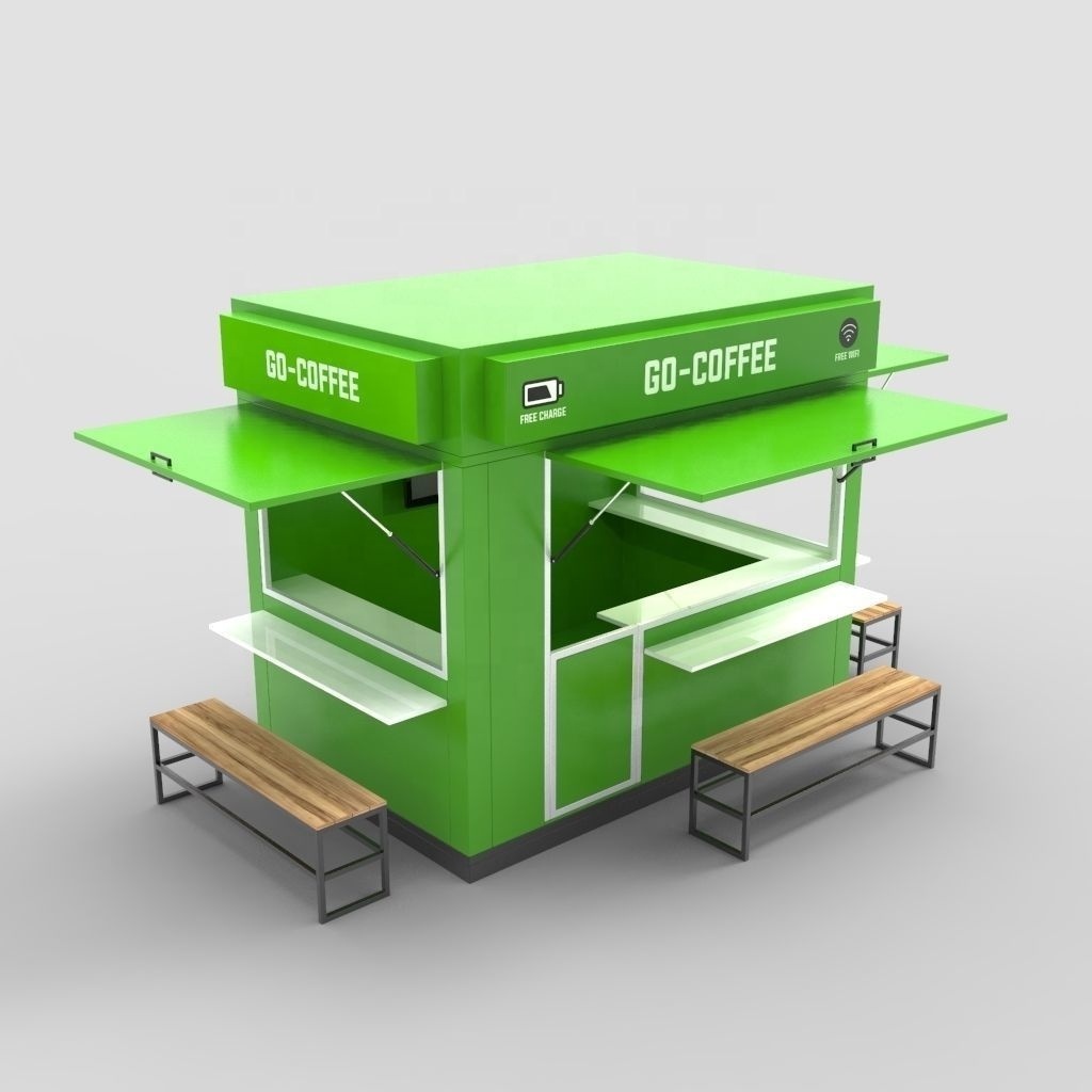 out door green bubble tea kiosk juice bar counter coffee kiosk fast food kiosk with interior decoration for sales