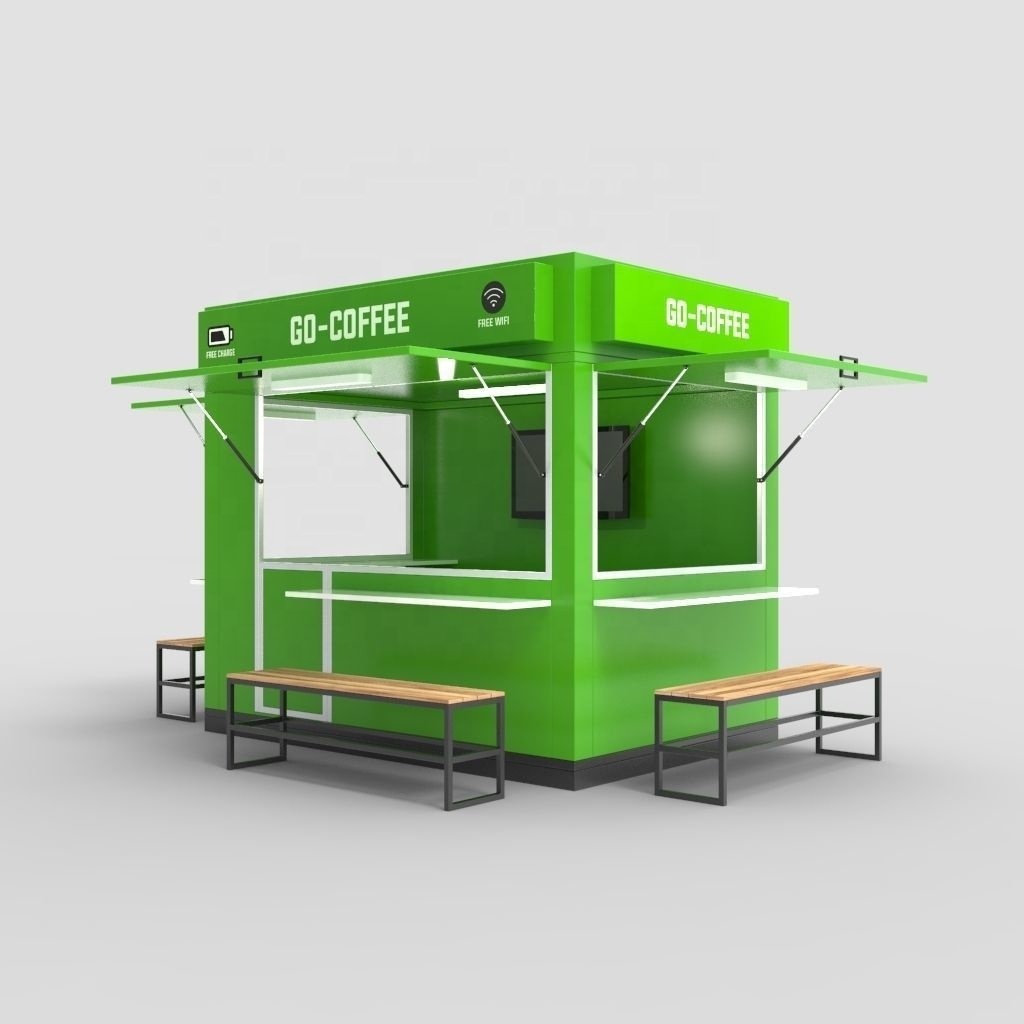 out door green bubble tea kiosk juice bar counter coffee kiosk fast food kiosk with interior decoration for sales